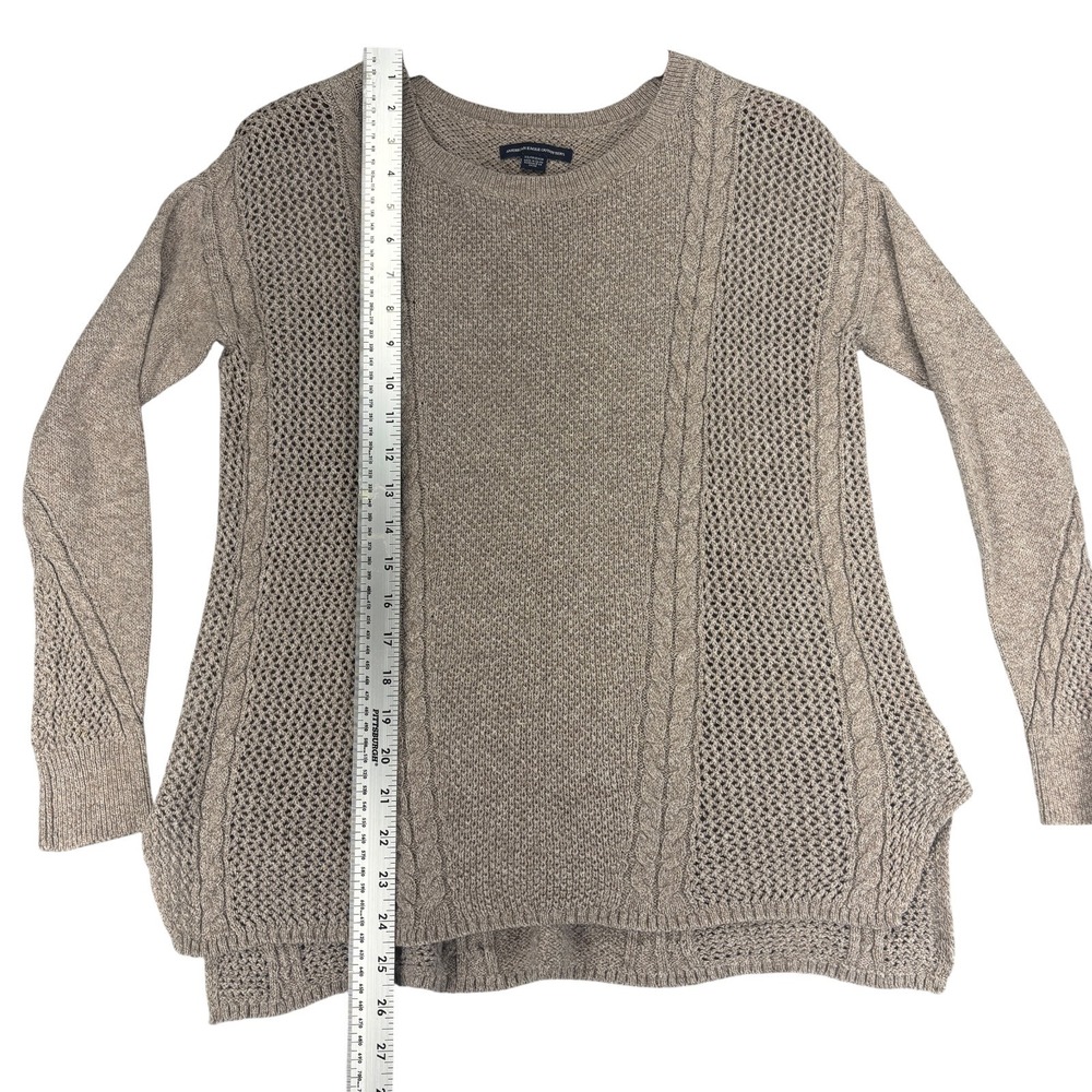 American Eagle Sweater Womens XS Cable Open Knit Cotton Wool Blend Taupe Boho - Picture 5 of 8